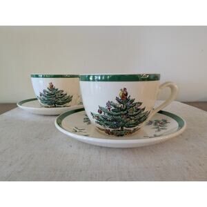 Vintage Spode “Christmas Tree” Tea Cups & Saucers — 2 Sets — Made in England
